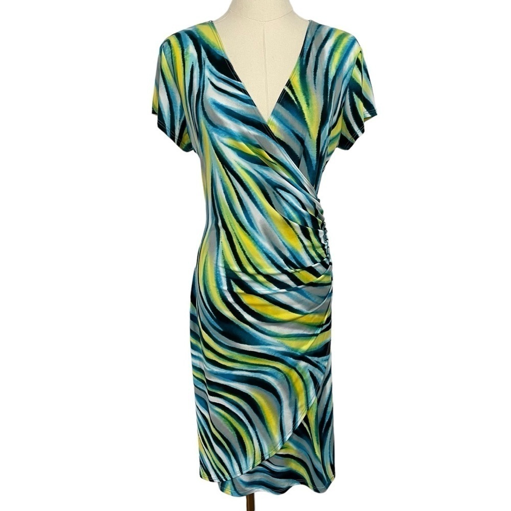 Wrap-Style V-Neck Dress in Blue & Green Swirl